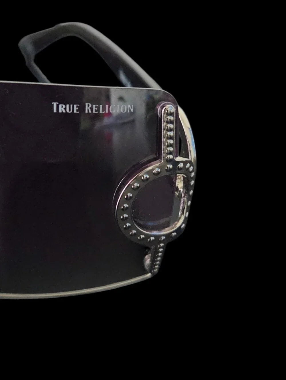 True Religion Rhinestone  Crystal Shield Glasses Logo Oversized Gray Black